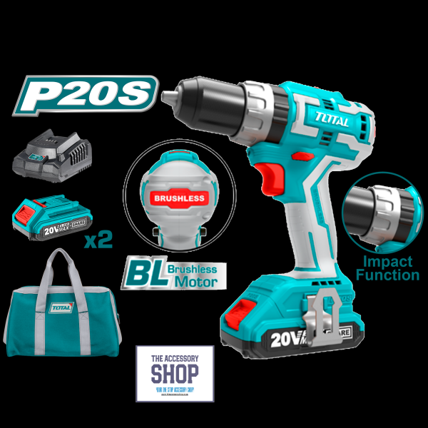 Impact Drill, Brushless Lithium-Ion Torque settings: 23+1+1 (Cordless)Total Tools